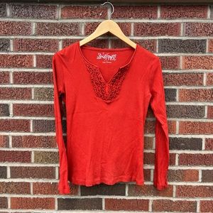 2 a T Boutique Burnt Orange Ribbed Ruffled Front V Neck Long Sleeve Top
